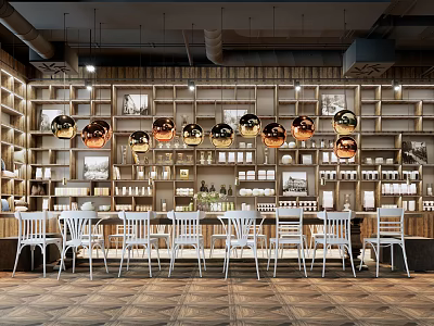 Cozy Coffee Shop Interior With Wooden Bookshelves Hanging Pendant Lights And White Chairs 3d model