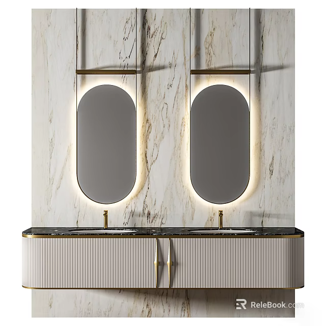 Modern Bathroom Vanity With Two Oval Illuminated Mirrors And Marble Wall Backdrop 3d model 