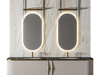 Modern Bathroom Vanity With Two Oval Illuminated Mirrors And Marble Wall Backdrop 3d model