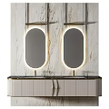 Modern Bathroom Vanity With Two Oval Illuminated Mirrors And Marble Wall Backdrop 3d model