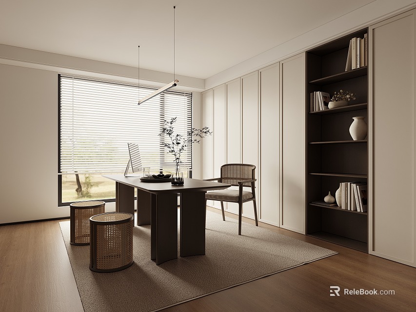 Modern Minimalist Study Room With Natural Light Desk Chair And Bookshelves 3d model 