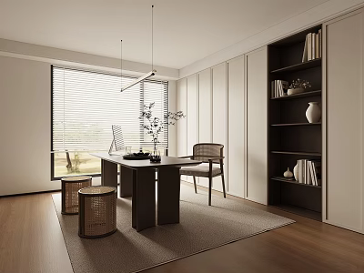 Modern Minimalist Study Room With Natural Light Desk Chair And Bookshelves 3d model