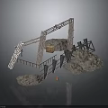Industrial Construction Scene Components With Metal Frame Rocks Wooden Crate And Traffic Cone