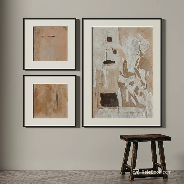 White Framed Minimalist Abstract Paintings With Neutral Tones Beige Brown Black Hanging On Wall 3d model 