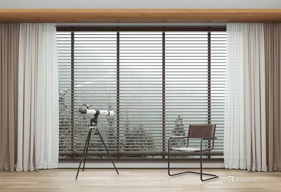 Wooden Window Blinds With Light Curtains In Indoor Scene Near Telescope Chair And Natural View 3d model 