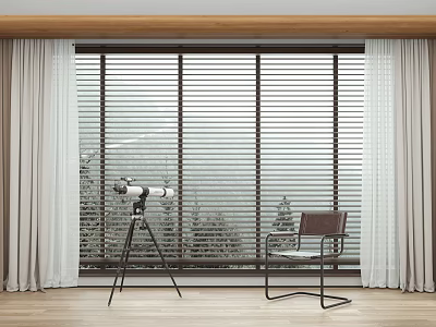 Wooden Window Blinds With Light Curtains In Indoor Scene Near Telescope Chair And Natural View 3d model