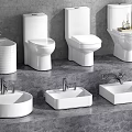 Multiple Modern White Toilets and Washbasins in Bathroom Fixtures
