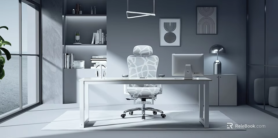 Modern Ergonomic Office Chair With Desk Computer Monitor And Wall Art In Workspace 3d model 