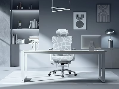 Modern Ergonomic Office Chair With Desk Computer Monitor And Wall Art In Workspace 3d model