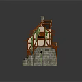 Cartoon Scene Of Charming Watermill Cottage With Dark Roof Orange Frame And Stone Base