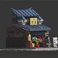 Traditional Japanese Building Model With Blue Tiled Roof Shop Sign And Decorative Figures