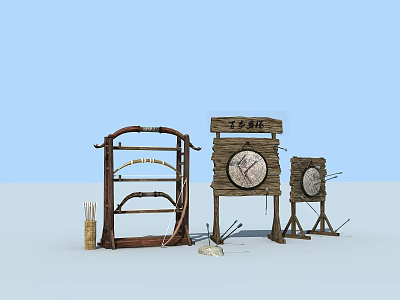 Traditional Rustic Garden Ornaments with Wooden Archery Targets Bows Arrows and Signboard 3d model