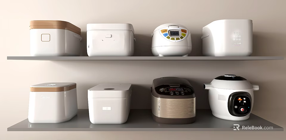 Various Modern Kitchen Appliances Displayed On Shelves In Kitchen 3d model 