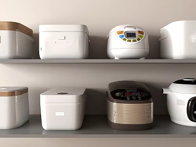 Various Modern Kitchen Appliances Displayed On Shelves In Kitchen 3d model