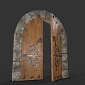 Arched Wooden Gate With Stone Frame And Intricate Metal Decorations
