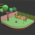 Modern Garden Outdoor Scene With Wooden Fence Green Tree Table Chairs Soccer Ball On Grass