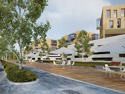 Modern Office Building With Wooden Structure Featuring Outdoor Terrace Trees White Umbrellas Tables And Chairs 3d model
