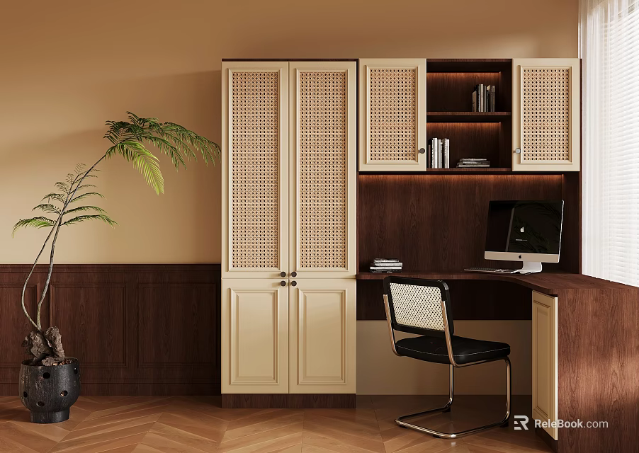 Modern Desk Interior Design With Brown Cabinet Black Chair And Green Plant 3d model 