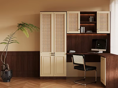 Modern Desk Interior Design With Brown Cabinet Black Chair And Green Plant 3d model