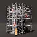 Scaffolding Structure For Construction Site With Workers In Safety Gear