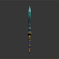Fantasy Blue Runic Sword With Golden Decorative Hilt And Gemstone Accents