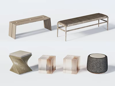 Modern Wooden Benches and Metal Frame Stools with Woven Textured Design 3d model