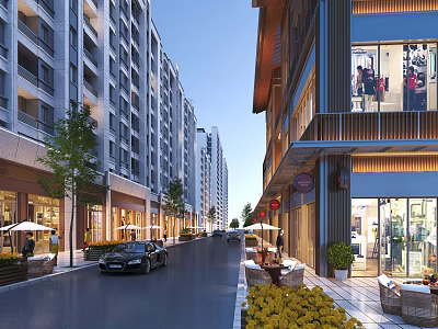 Modern Commercial Street With High Rise Buildings Shops Cars Outdoor Seating And Greenery 3d model