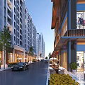 Modern Commercial Street With High Rise Buildings Shops Cars Outdoor Seating And Greenery