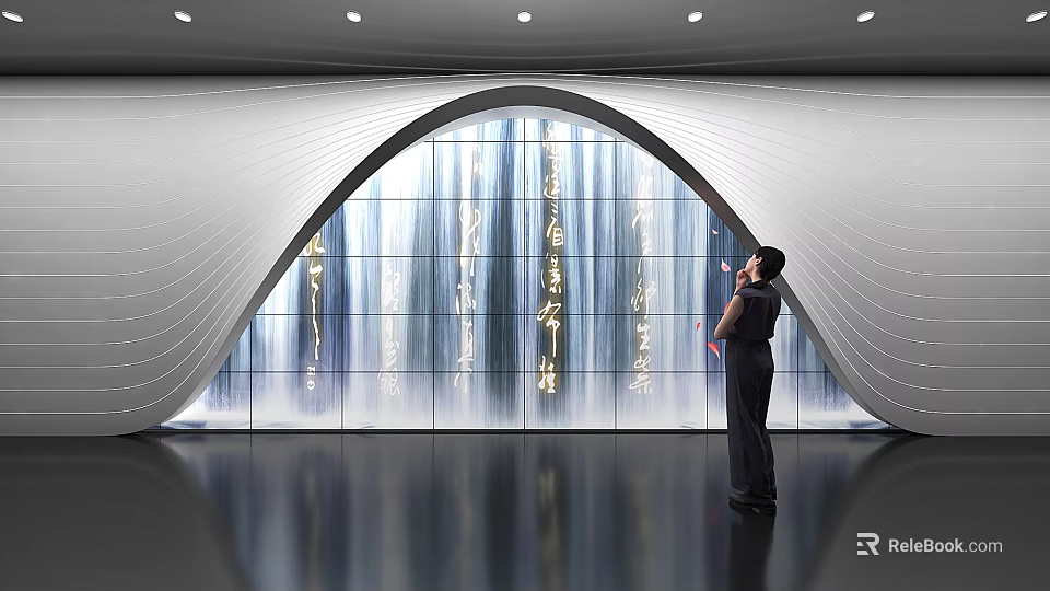 Modern Exhibition Hall with Arched Glass Curtain Wall Golden Decorations and Standing Person 3d model 