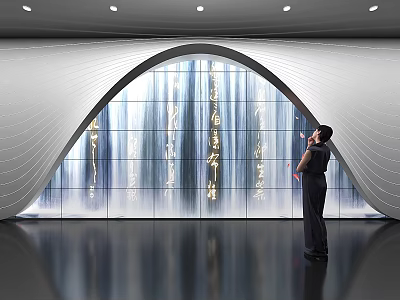 Modern Exhibition Hall with Arched Glass Curtain Wall Golden Decorations and Standing Person 3d model