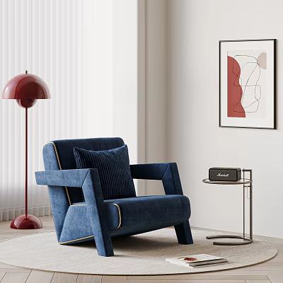 Blue Velvet Single Seater Sofa With Yellow Stitching Red Floor Lamp Side Table Wall Art 3d model