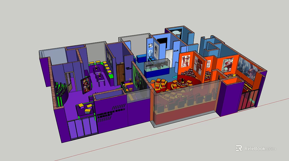 3D Commercial Interior Design With Purple Orange Zones Sofa Tables Counters Plants 3d model 