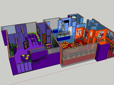 3D Commercial Interior Design With Purple Orange Zones Sofa Tables Counters Plants 3d model