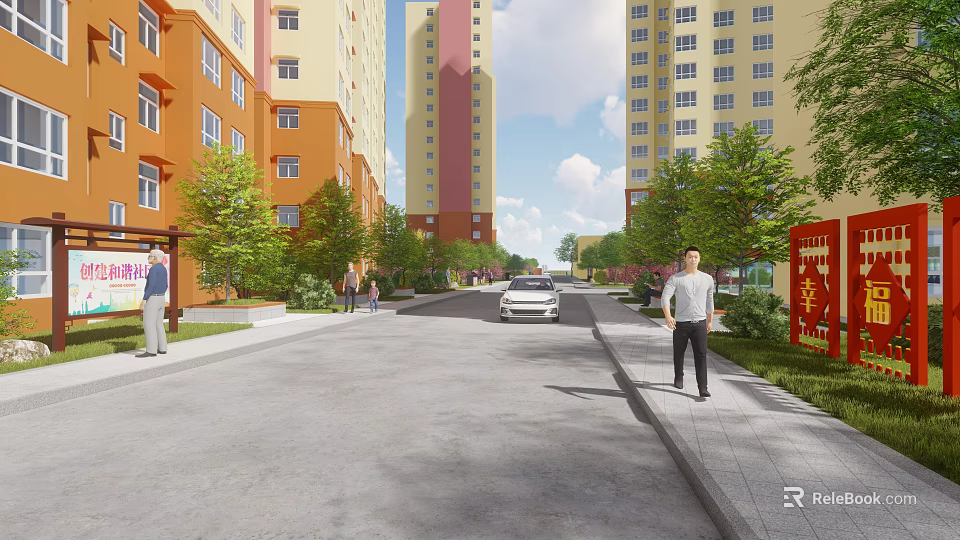 Residential Street Scenery With High Rise Buildings Lush Trees Pedestrians And Parked Car 3d model 