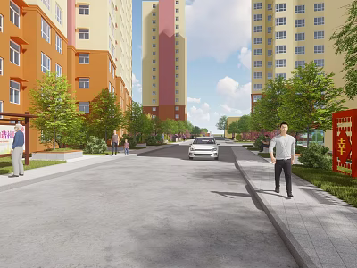 Residential Street Scenery With High Rise Buildings Lush Trees Pedestrians And Parked Car 3d model