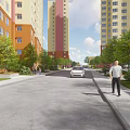 Residential Street Scenery With High Rise Buildings Lush Trees Pedestrians And Parked Car