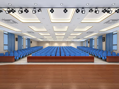 Spacious Conference Room Interior With Blue Seats Wooden Floor Stage And Ceiling Lights 3d model