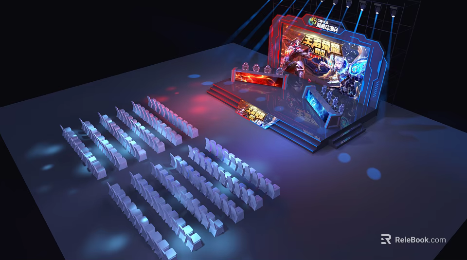 Esports Competition Stage Setup With Audience Seats And Gaming Equipment Lighting 3d model 