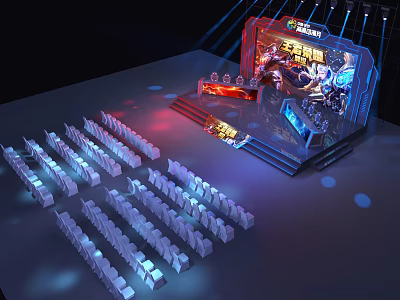 Esports Competition Stage Setup With Audience Seats And Gaming Equipment Lighting 3d model