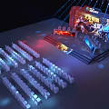 Esports Competition Stage Setup With Audience Seats And Gaming Equipment Lighting