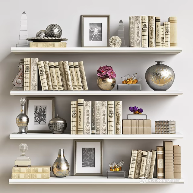 Stylish Bookshelf Display With Hardcover Books Framed Art And Decorative Vases 3d model 