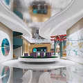 Elegant Modern Sales Office Interior With Curved Ceiling Chandelier Archways And Reception Desk