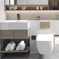 Modern Bathroom Interior Design With Vanity Sink Toilet Shower Area Mirror Shelves And Window Blinds