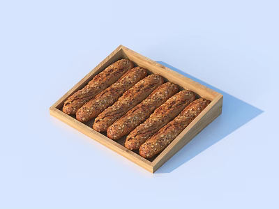 Freshly Baked Sesame Bread Sticks in Wooden Tray for Daily Snacks 3d model