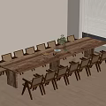 Minimalist Interior With Long Wooden Table Multiple Chairs Plant Decorations And Window Blinds