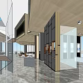 Modern Sales Office Interior Design With Large Windows Sofas And Wooden Tables
