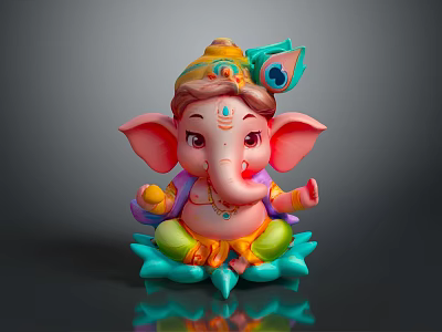 Colorful Ganesha Statue With Elephant Head Headdress Sitting On Lotus Base And Smiling Expression 3d model
