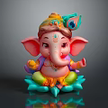 Colorful Ganesha Statue With Elephant Head Headdress Sitting On Lotus Base And Smiling Expression
