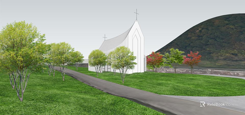 Ancient Architectural Building With Steeple Cross Green Lawn Trees and Mountain View 3d model 