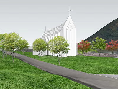 Ancient Architectural Building With Steeple Cross Green Lawn Trees and Mountain View 3d model